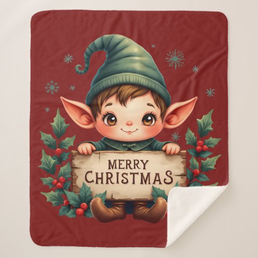 Cute Christmas Elf Holding Merry Sign Red シェルパブランケット (正面)
