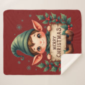 Cute Christmas Elf Holding Merry Sign Red シェルパブランケット (正面(横))