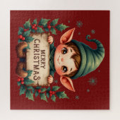 Cute Christmas Elf Holding Merry Sign Red ジグソーパズル (横)