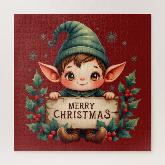 Cute Christmas Elf Holding Merry Sign Red ジグソーパズル (縦)