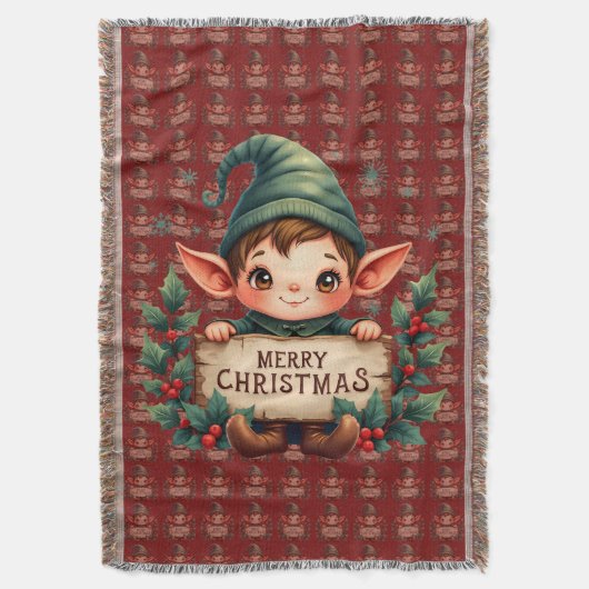 Cute Christmas Elf Holding Merry Sign Red スローブランケット (正面縦)