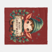 Cute Christmas Elf Holding Merry Sign Red フリースブランケット (正面(横))