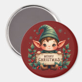 Cute Christmas Elf Holding Merry Sign Red マグネット (正面/裏面)