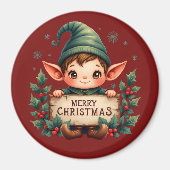 Cute Christmas Elf Holding Merry Sign Red マグネット (正面)