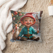 Cute Christmas Elf & Reindeer  Throw Pillow クッション (ブランケット)