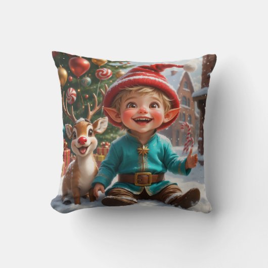 Cute Christmas Elf & Reindeer  Throw Pillow クッション (正面)
