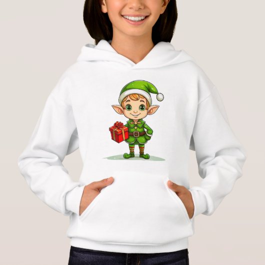 Cute Christmas Elf with Gift – Holiday Hoodie (正面)