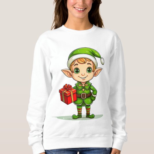 Cute Christmas Elf with Gift – Holiday Sweatshirt  スウェットシャツ (正面)