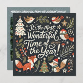 Cute Christmas forest robins and foxes シーズンカード (正面/裏面)