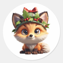Cute Christmas Fox with Holly Berry Hat Classic Ro ラウンドシール