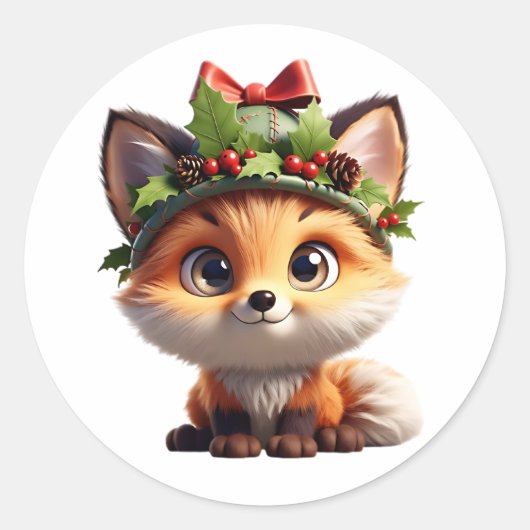 Cute Christmas Fox with Holly Berry Hat Classic Ro ラウンドシール (正面)