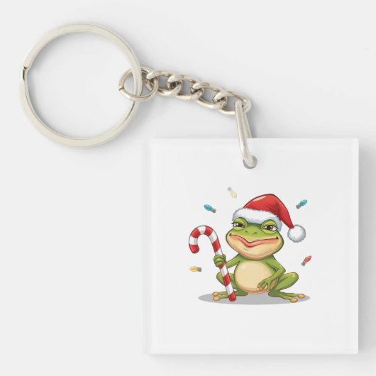 Cute Christmas Frog With Candy Cane - Funny Holida キーホルダー (正面)
