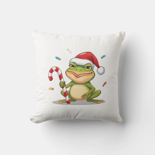 Cute Christmas Frog With Candy Cane - Funny Holida クッション (正面)