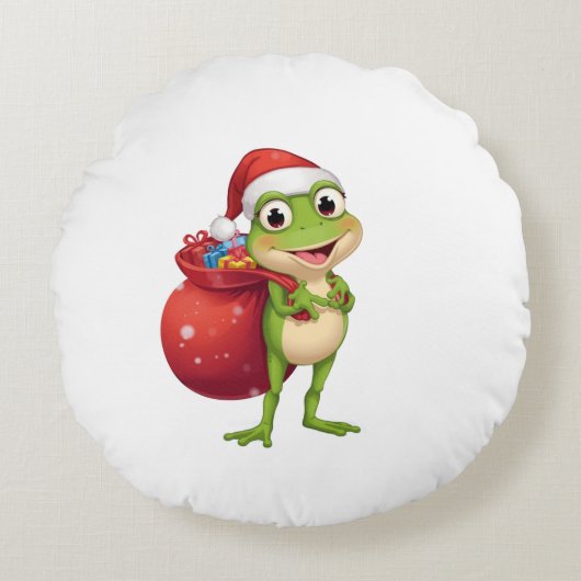Cute Christmas Frog with Gift Bag - Santa Frog Hol ラウンドクッション (正面)
