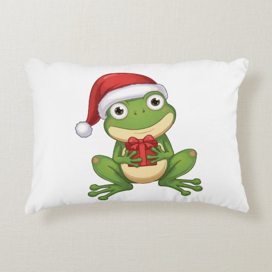 Cute Christmas Frog with Santa Hat and Gift | Fun アクセントクッション (正面)