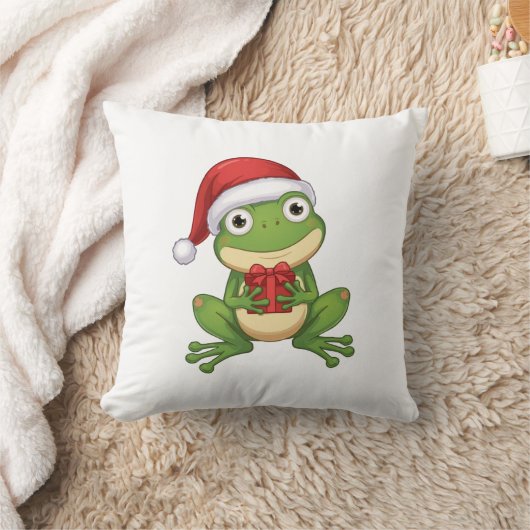 Cute Christmas Frog with Santa Hat and Gift |  Fun クッション (ブランケット)