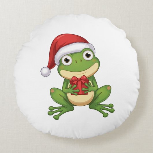 Cute Christmas Frog with Santa Hat and Gift | Fun ラウンドクッション (正面)
