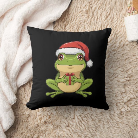 Cute Christmas Frog with Santa Hat Holding Gift - クッション (ブランケット)