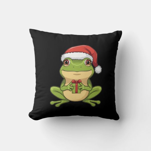 Cute Christmas Frog with Santa Hat Holding Gift - クッション (正面)