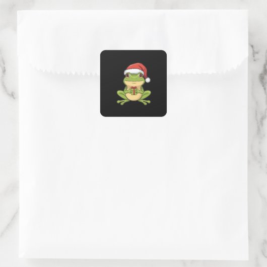 Cute Christmas Frog with Santa Hat Holding Gift - スクエアシール (バッグ)
