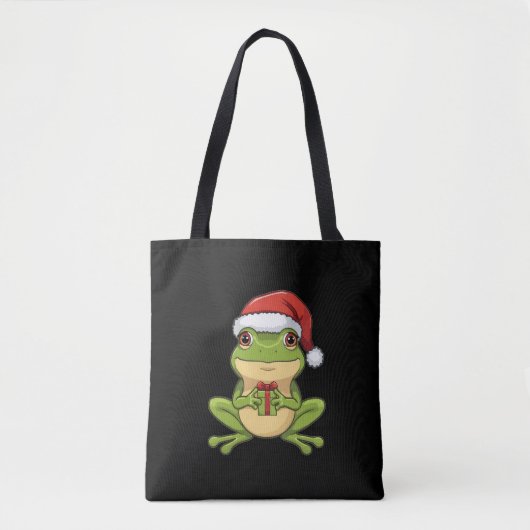 Cute Christmas Frog with Santa Hat Holding  Gift - トートバッグ (正面)