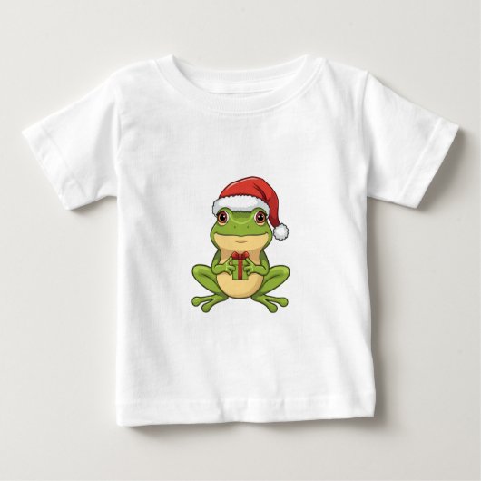 Cute Christmas Frog with Santa Hat Holding  Gift - ベビーTシャツ (正面)
