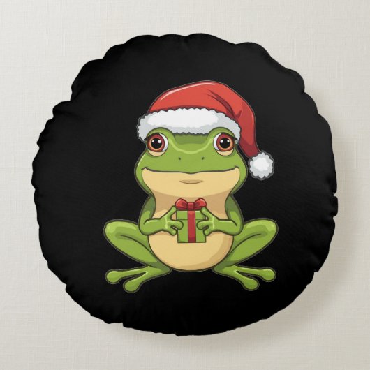 Cute Christmas Frog with Santa Hat Holding Gift - ラウンドクッション (正面)