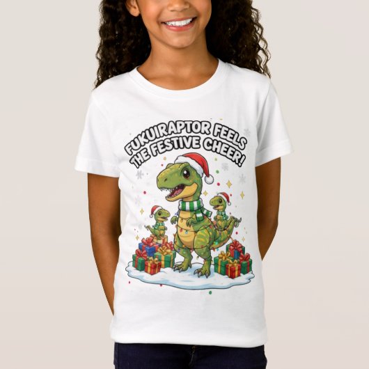 Cute Christmas Fukuiraptor Family – Festive Dino C Tシャツ (正面)