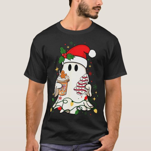 Cute Christmas Ghost Coffee Tree Cake Xmas Lights Tシャツ (正面)