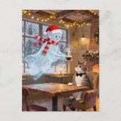 Cute Christmas Ghost Serves Cat in a Coffee shop ポストカード (正面)