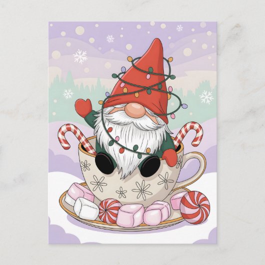 Cute Christmas Gnome in a Teacup Cartoon ポストカード (正面)