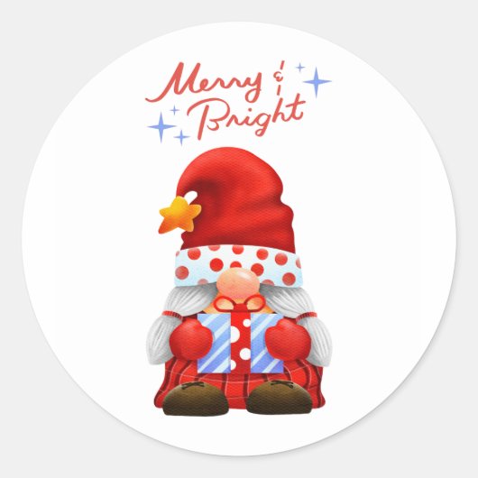 Cute Christmas Gnome Merry & Bright Sticker ラウンドシール (正面)