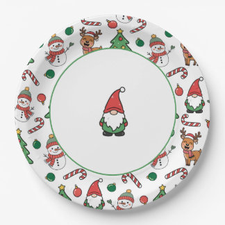 Cute Christmas Gnomes Snowmen Reindeer and Candy C ペーパープレート
