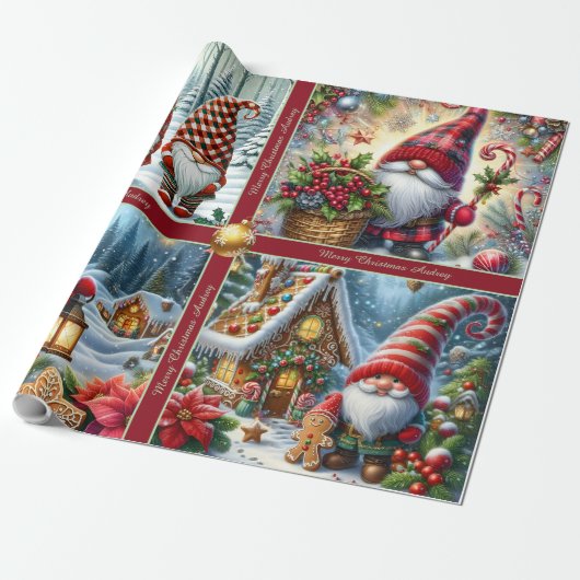 Cute Christmas Gnomes Wrapping Paper with Text ラッピングペーパー (アンロールド)