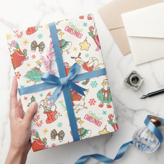 Cute Christmas Goose Illustration Pattern Ivory ラッピングペーパー (ギフト)