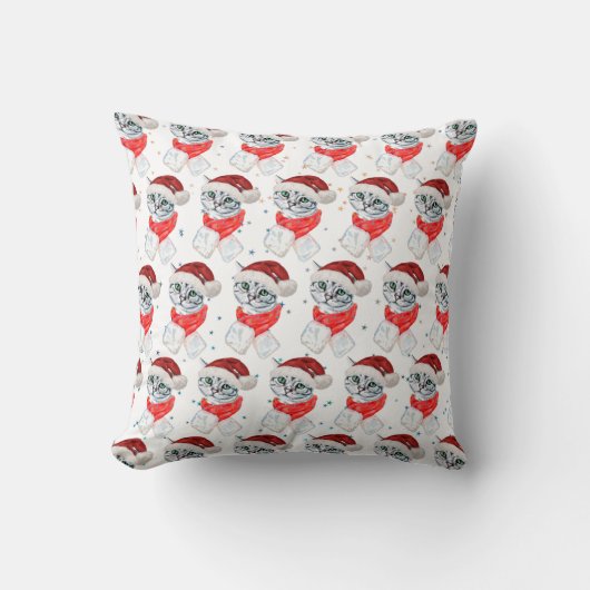 Cute Christmas Grey Tabby Cat Watercolor クッション (正面)