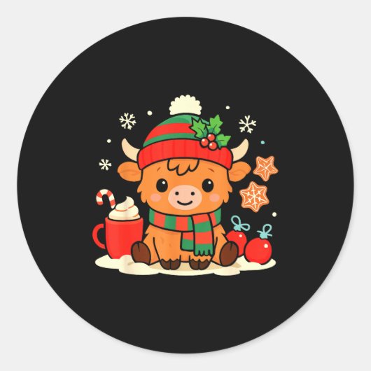 Cute Christmas Highland Cow Heifer Xmas Farm Anima ラウンドシール (正面)