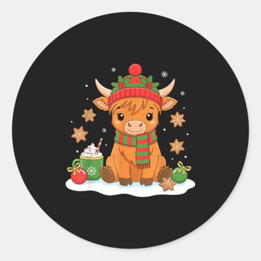 Cute Christmas Highland Cow Lover Xmas Women Farm  ラウンドシール (正面)