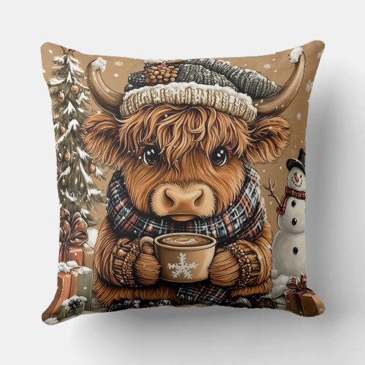Cute Christmas Highland Cow Throw Pillow クッション (裏面)