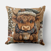 Cute Christmas Highland Cow Throw Pillow クッション (正面)