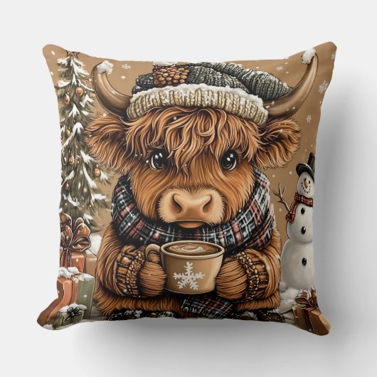 Cute Christmas Highland Cow Throw Pillow クッション (正面)