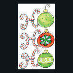 Cute Christmas Ho Ho Ho, Candy Canes Ornaments ポスター<br><div class="desc">Adorable vintage illustration Merry Christmas cartoon clip art holiday text design. The words "Ho Ho Ho" with the letters written in red and white striped candy canes and round glass Christmas ornaments.</div>