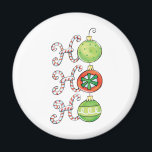 Cute Christmas Ho Ho Ho, Candy Canes Ornaments マグネット<br><div class="desc">Adorable vintage illustration Merry Christmas cartoon clip art holiday text design. The words "Ho Ho Ho" with the letters written in red and white striped candy canes and round glass Christmas ornaments.</div>