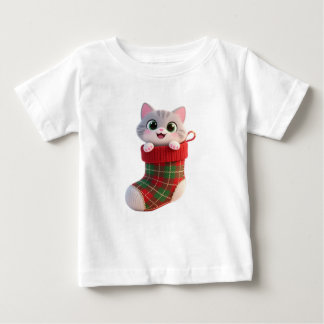Cute Christmas Kitten in Stocking Baby T-Shirt ベビーTシャツ