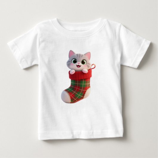 Cute Christmas Kitten in Stocking Baby T-Shirt ベビーTシャツ (正面)