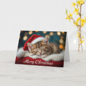 Cute Christmas Kitten on Red Festive Santa Hat カード (黄色い花)