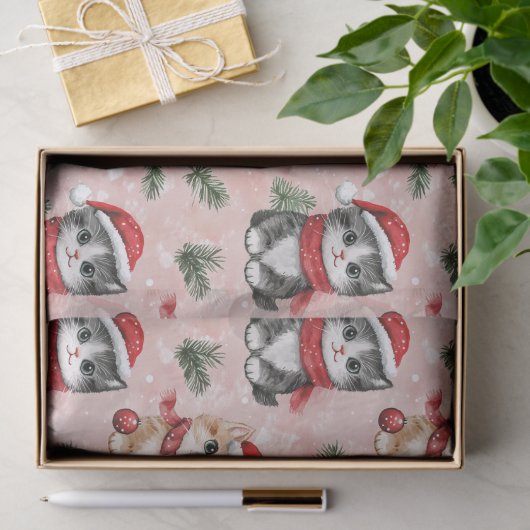 Cute Christmas Kittens on Pink 薄葉紙 (ギフト)