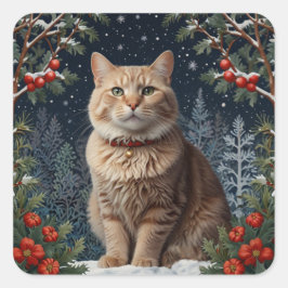 Cute Christmas kitty winter holiday greenery  スクエアシール