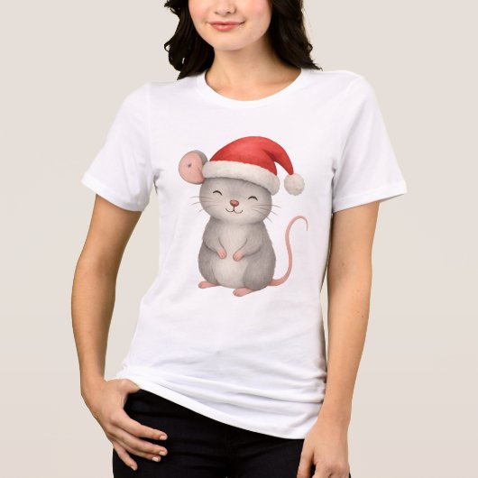 Cute Christmas Mouse in Santa Hat トライブレンドＴシャツ (正面)