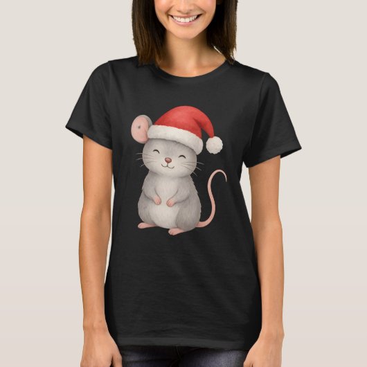 Cute Christmas Mouse in Santa Hat Tシャツ (正面)